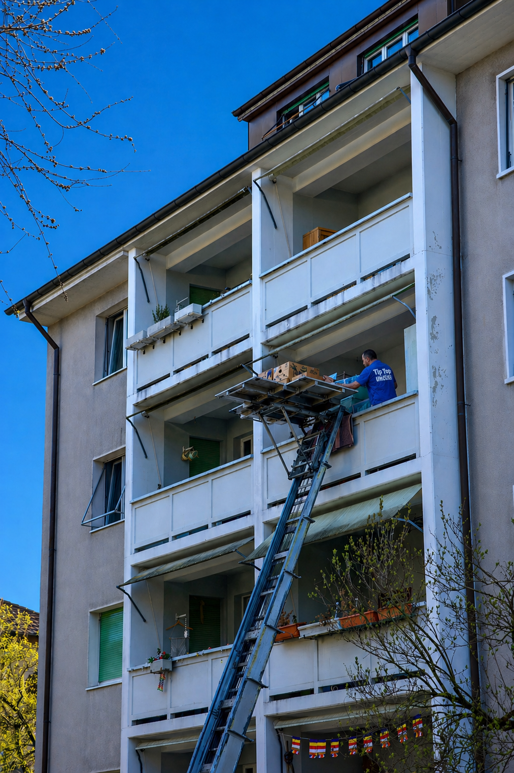 Mitarbeiter transportiert Umzugskartons vom Balkon per Möbellift bei Umzug in Basel